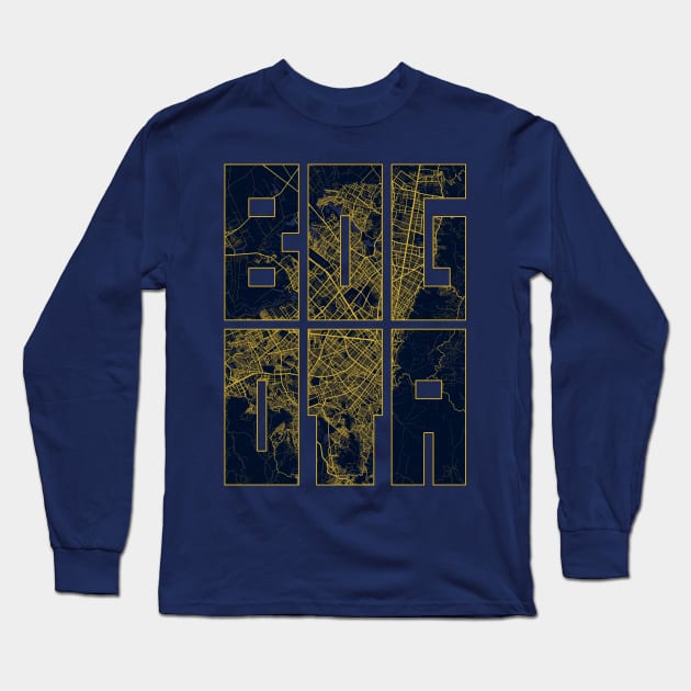 Bogota, Colombia City Map Typography - Gold Art Deco Long Sleeve T-Shirt by deMAP Studio